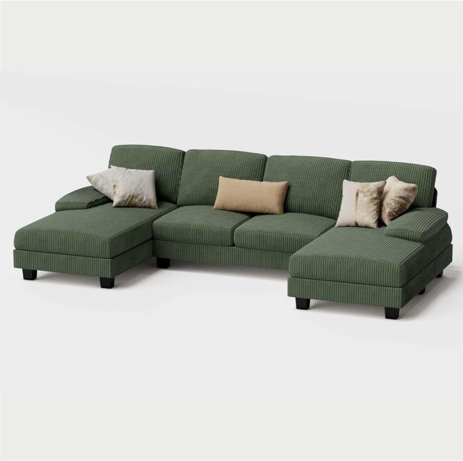 Dark Green U-Shaped Sofa Couch with Soft Corduroy