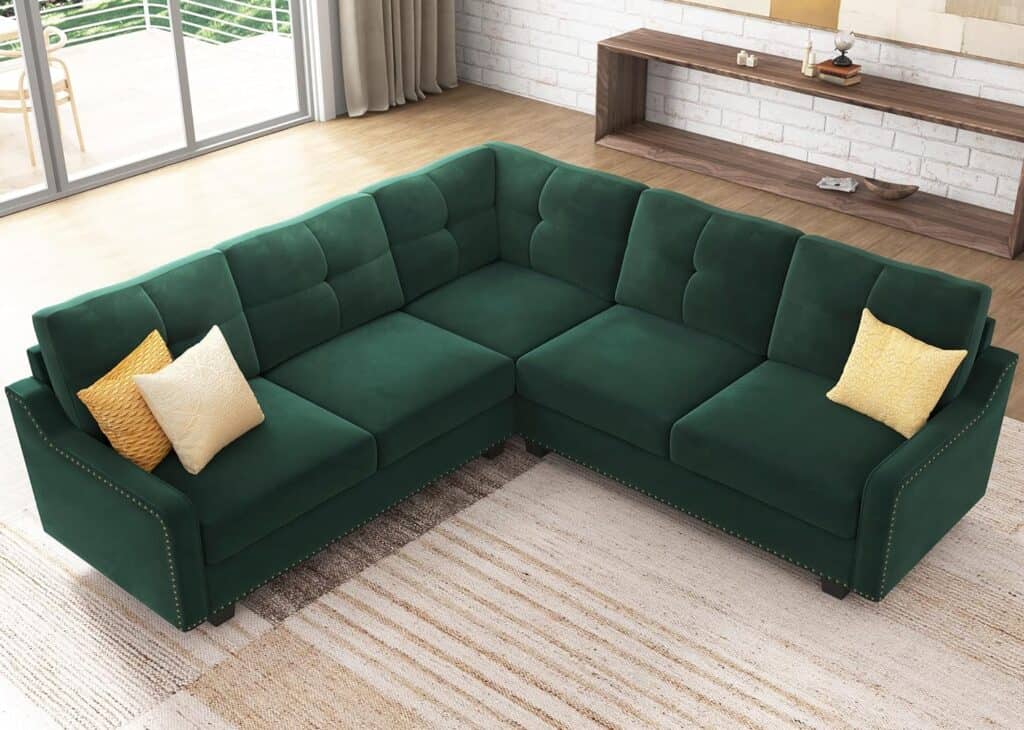 Velvet Green Convertible Sectional Sofa L Shaped Couch